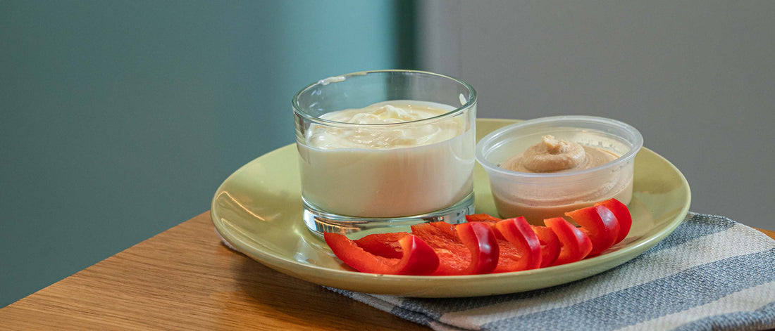 Greek yogurt with red peppers and hummus